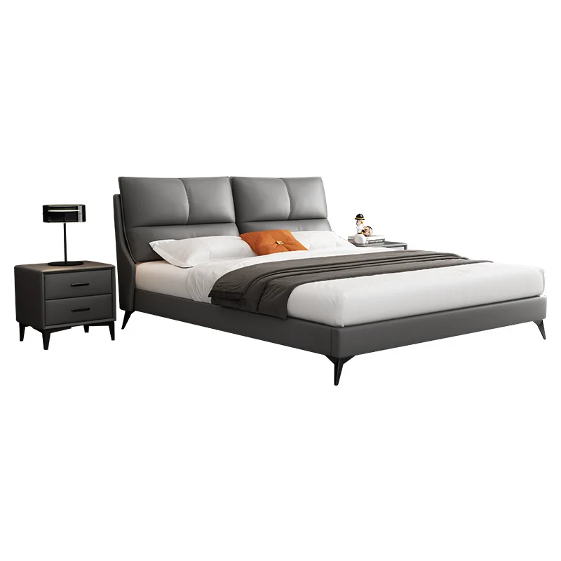 

Light luxury leather bed, double master bedroom blue simple modern sunken bed, high foot Italian minimalist