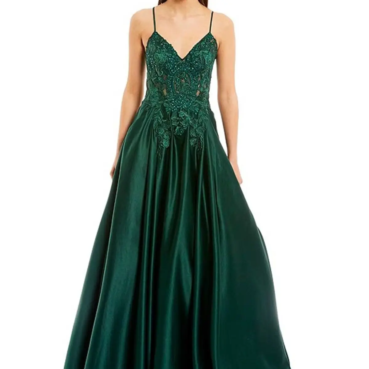 Women's Suspender V-neck Dark Green Ball Dress Lace Applique With Beaded Skinny Straps Full Length Formal Occasion Dress 2023