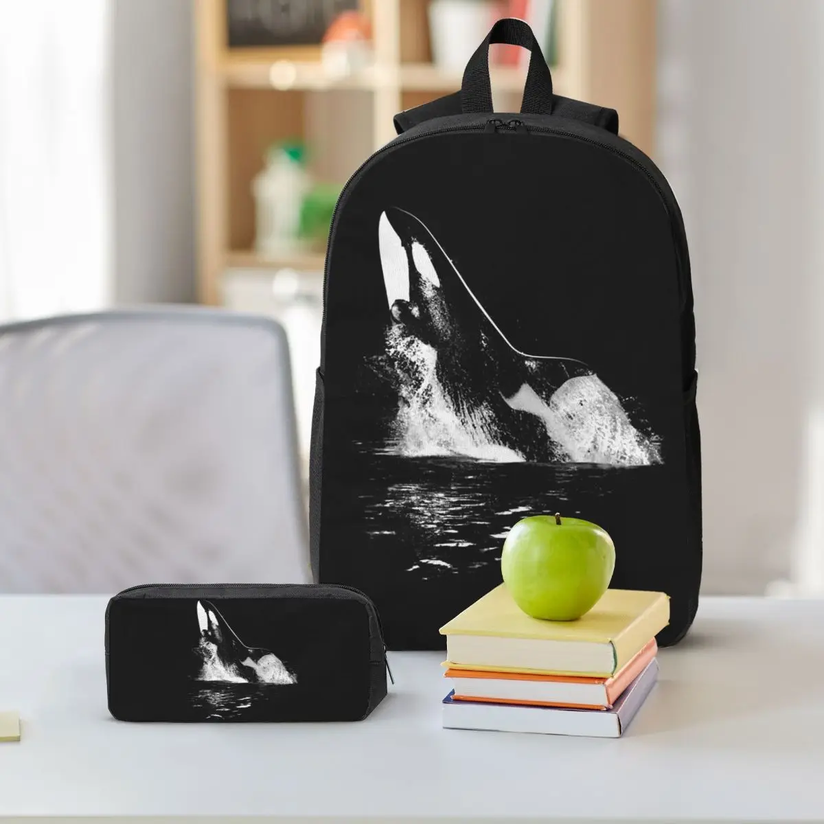 Orca Aquatic Sea Ocean Killer Whale Backpack Student BookBag School Bag Shoulder Bags 3ps Insulated Lunch Bag Pencil Case
