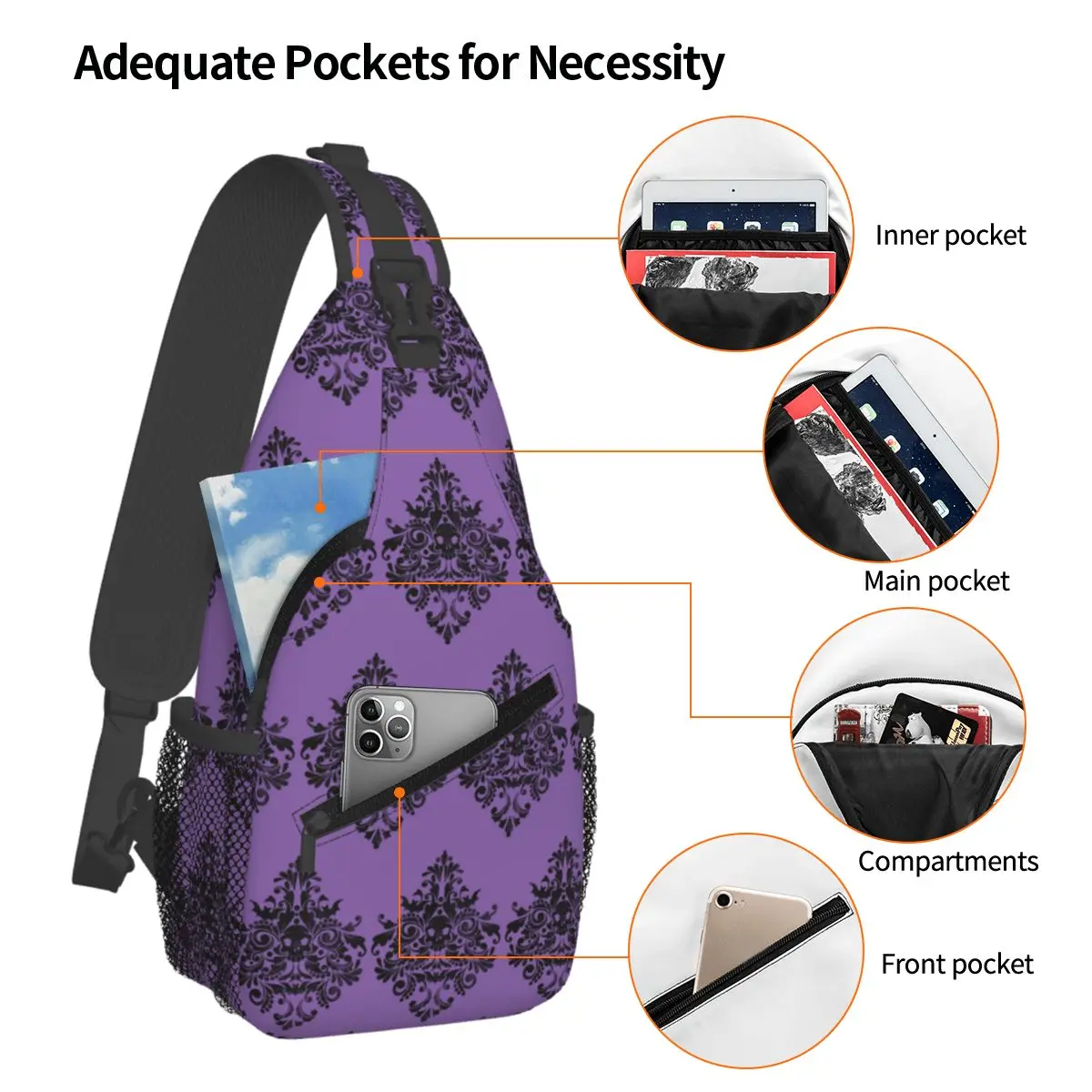 Skull Damask Pattern Chest Bag Men Sling Crossbody Backpack Chest Bag Traveling Hiking Daypack Shoulder Bag
