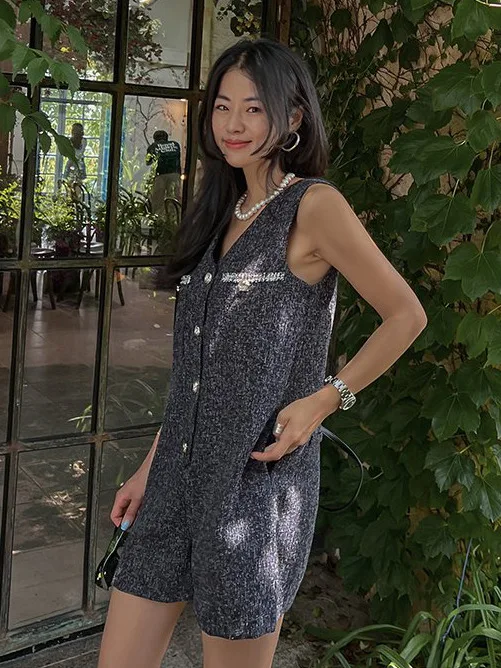 

Шикарный летний женский комбинезон с v-образным вырезом и одной пуговицей, свободный повседневный маленький комбинезон с ветровым жилетом, orts Ele Commute