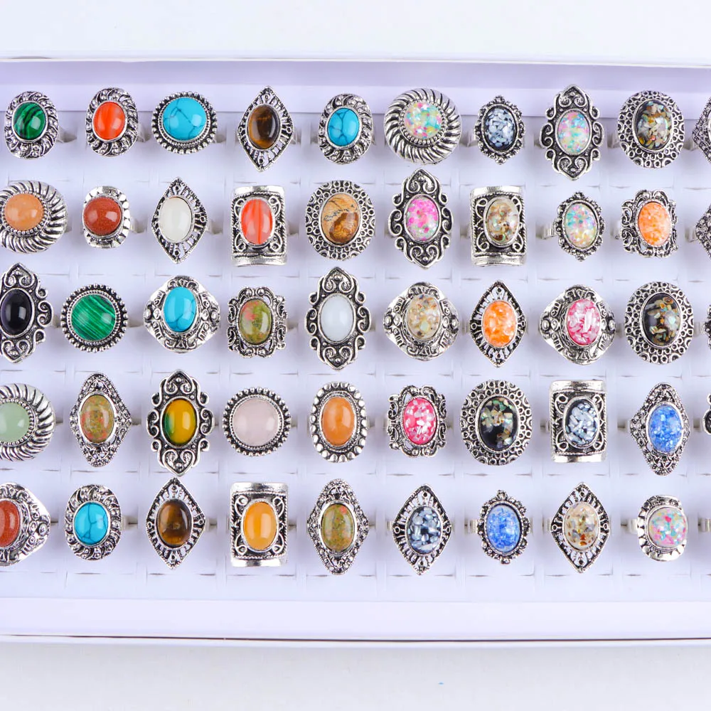 10/20/30/50Pcs/Lot Vintage Natural Stone Adjustable Rings For High-end Women Mix Style Fashion Party Jewelry Accessory Gifts