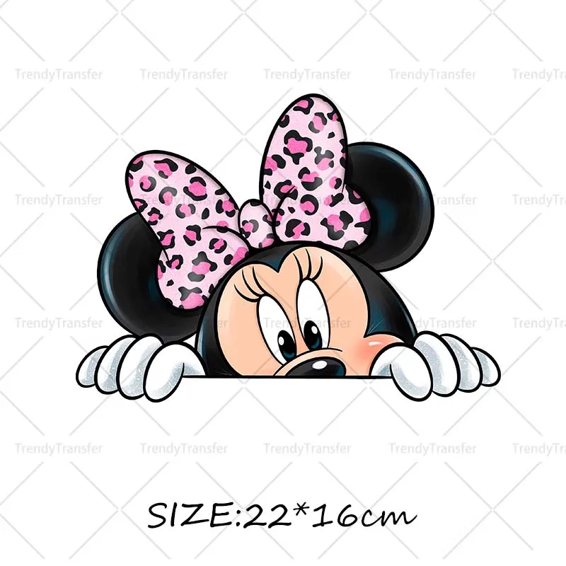Roze Luipaard Minnie Mouse Karakter Opstrijkpatronen DTF Prints Warmtepersstickers voor kleding Strijkstickers