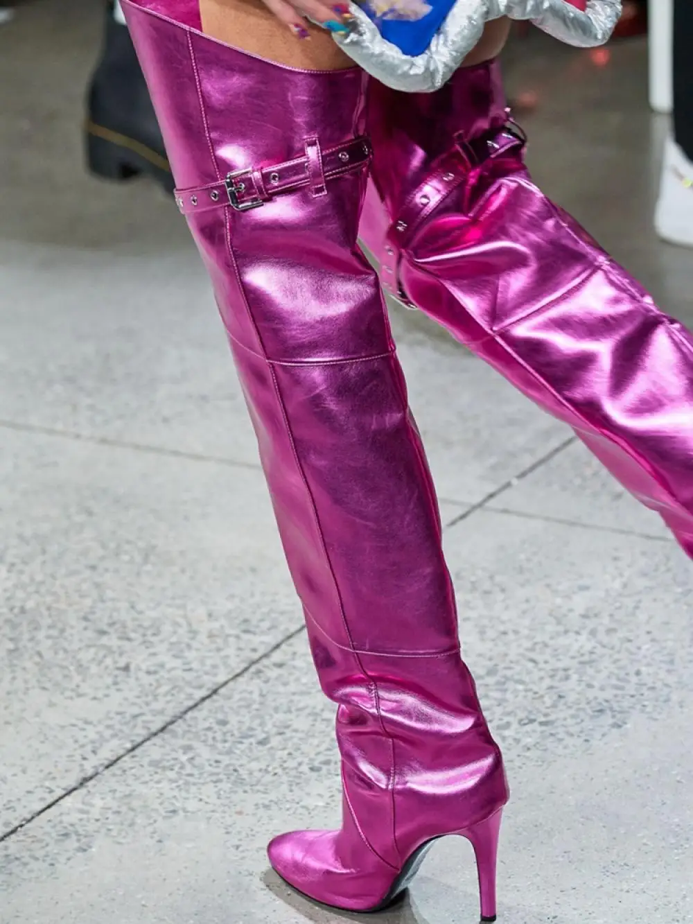 Bright Leather Buckle Designer Women Shiny Over The Knee Rosy Pink Red Solid Color Boots Pointed Toe Thigh High Slouch Shoes