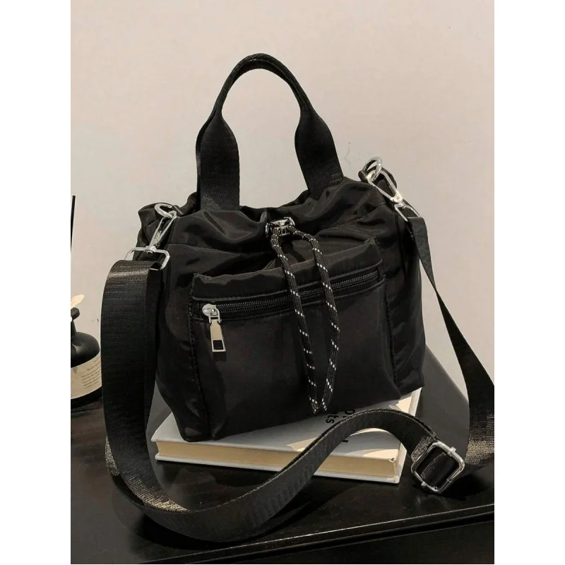 حقيبة دلو كاجوال للسيدات من النايلون مقاومة للماء بلون سادة وحقيبة يد وحقيبة كتف كروس #2