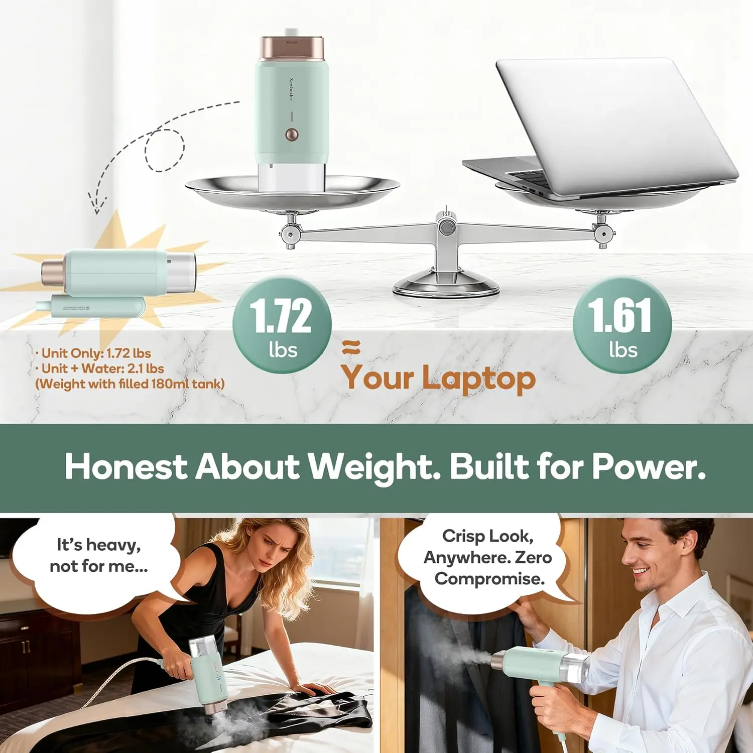 مكواة بخار للسفر بجهد مزدوج - محمولة باليد 120 فولت/220 فولت، 1200 وات، تسخين 20 ثانية، مكواة بخار للملابس قابلة للطي (أخضر)