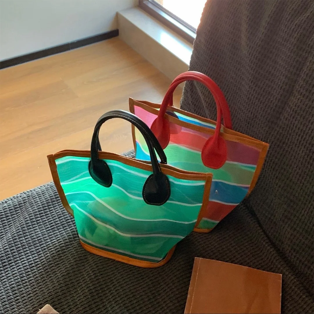 Large Capacity Striped Handbag Women's Shoulder Bag Office Necessities Small Basket Mesh Commuting Bag Vegetable Basket