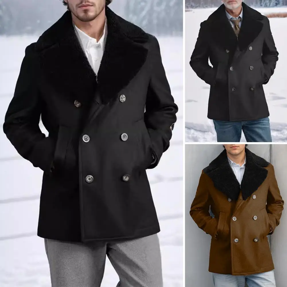 

Lapel Design Overcoat Elegant Men's Woolen Coat with Plush Edges Lapel Collar Double-breasted Design Stylish Winter for A