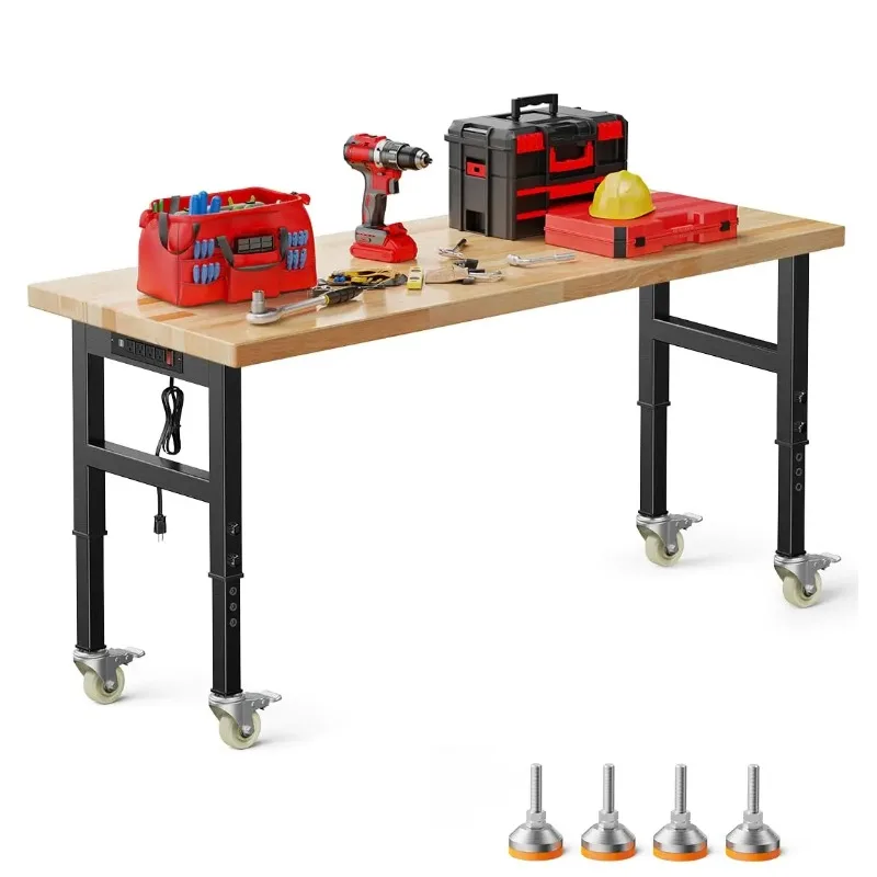 Adjustable Heavy Duty Garage Work Bench Table,Hardwood Top 2000 LBS Load Worktable,Rolling Mobile Workbench with Power Strip.