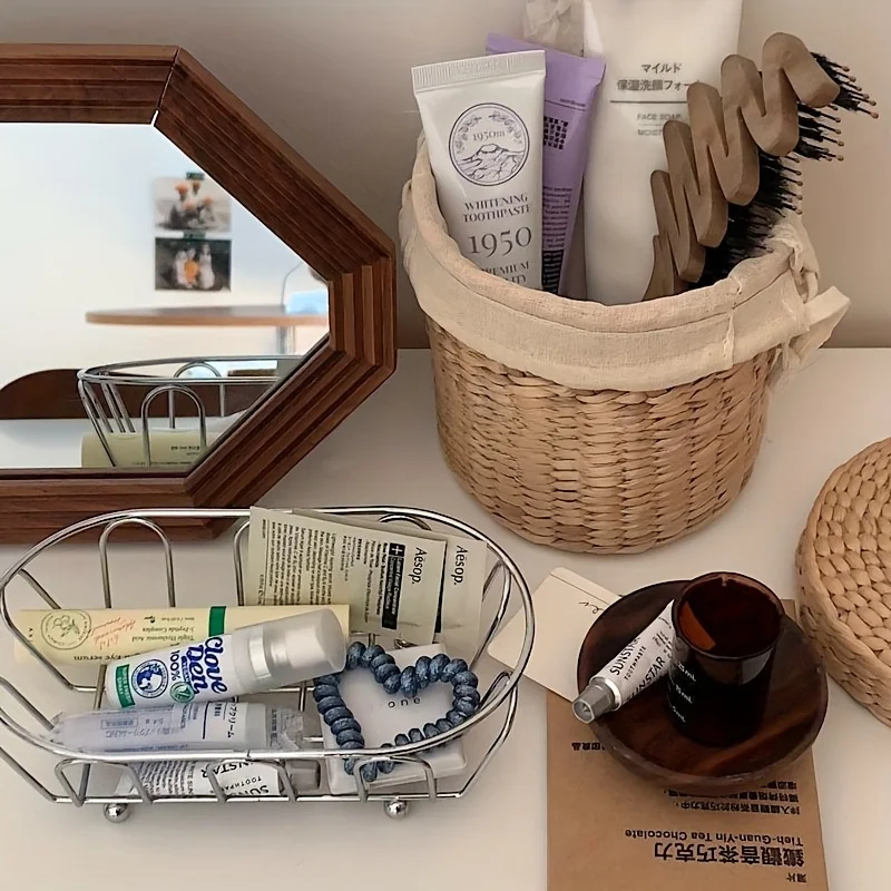 1pc Stainless Steel Storage Basket with Minimalist Hollow Line Design, Suitable for Vanity, Desktop Organization,Organizing Box