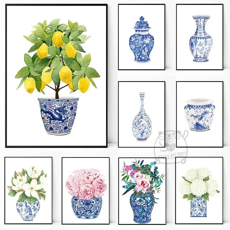 Jarrón chino azul y blanco, impresiones artísticas de acuarela, tarro de jengibre, lienzo de porcelana Oriental, póster HD, pintura elegante para decoración de la pared del hogar