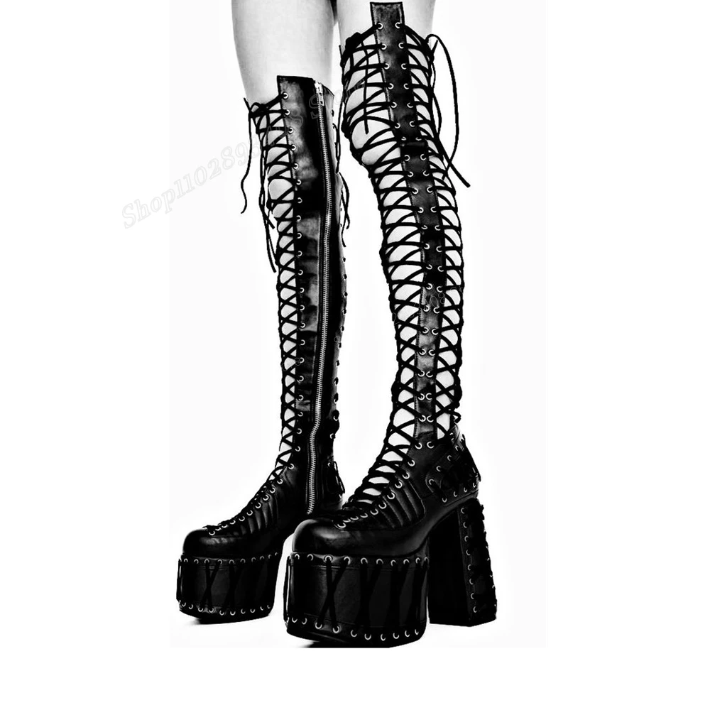 Czarne seksowne buty za kolano z grubą podeszwą i matową skórą sznurowane buty damskie 2024 New Zapatos Para Mujere