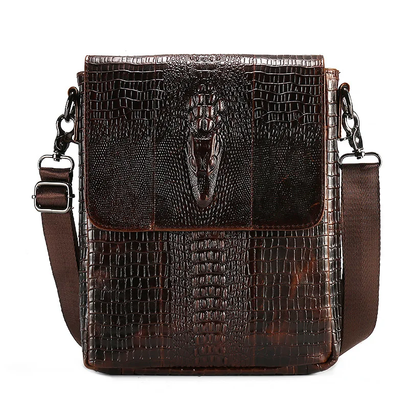 

YH3118 Genuine leather men's bag vertical cover oil wax embossed crocodile pattern top layer cowhide crossbody shoulder bag