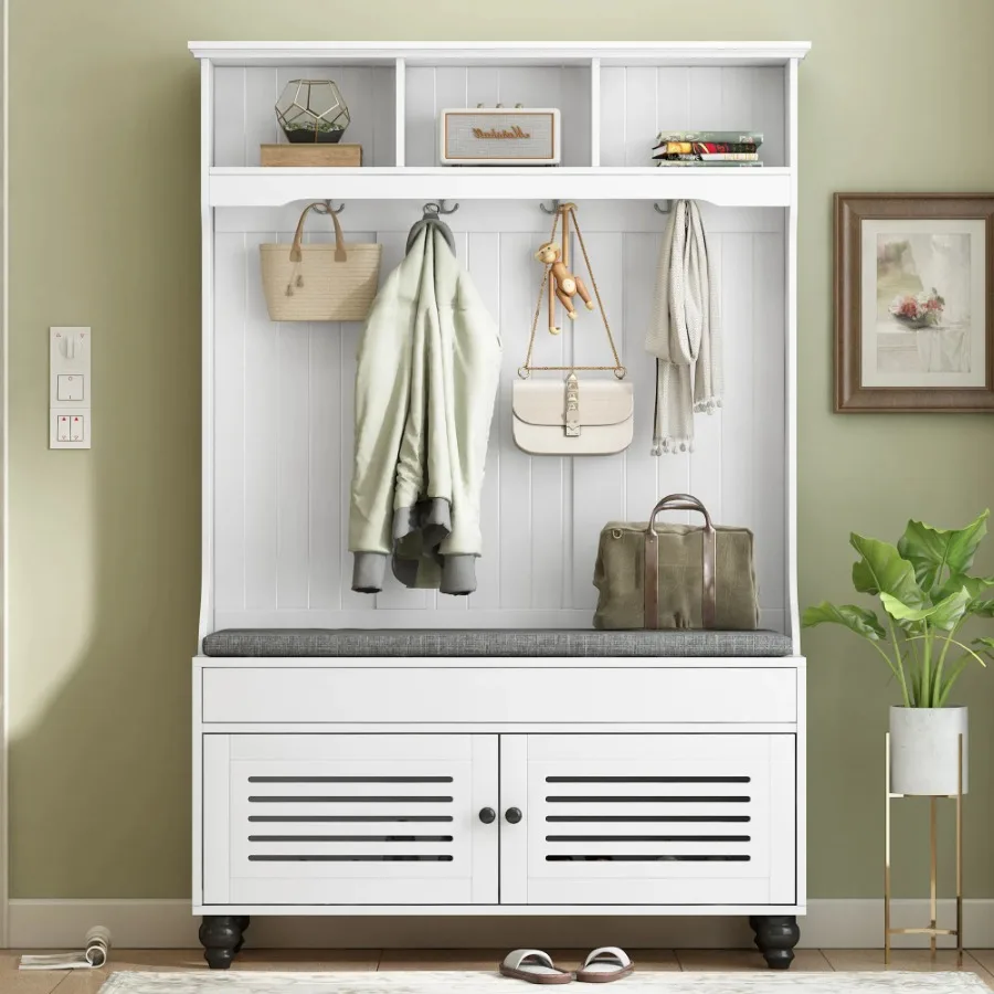 

U-Can 5-in-1 Entryway Bench with Shutter-shaped doors Coat Rack Cushion and 4 Sturdy Hooks 47.2'' Wide Hall Tree with Storage B