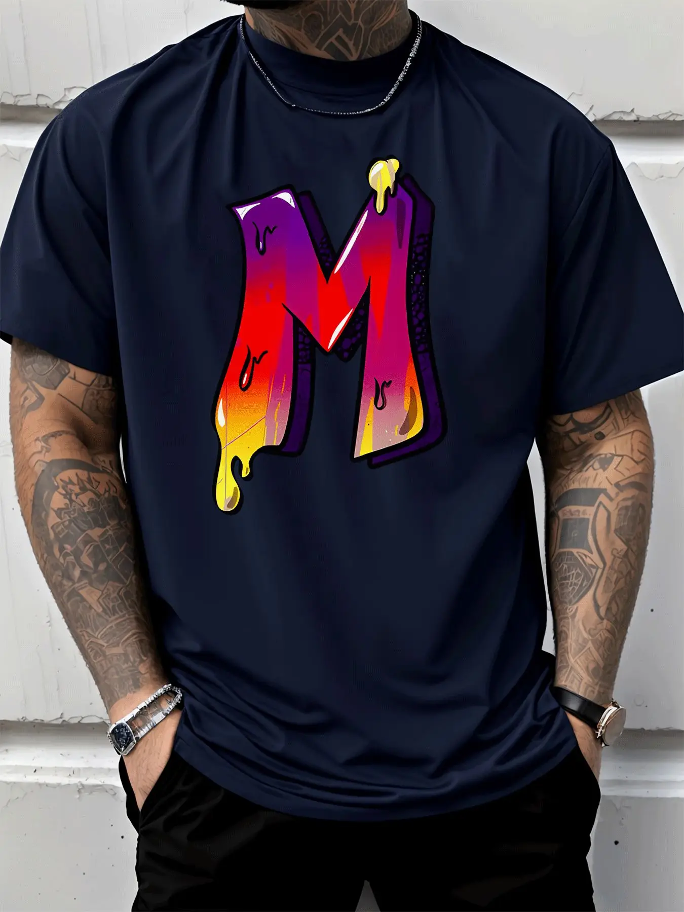 Gradient Dripping Letter M Graffiti Mens Front Print T Shirt Street Art Graphic Tee Casual Short Sleeve Top Streetwear Fan Gift
