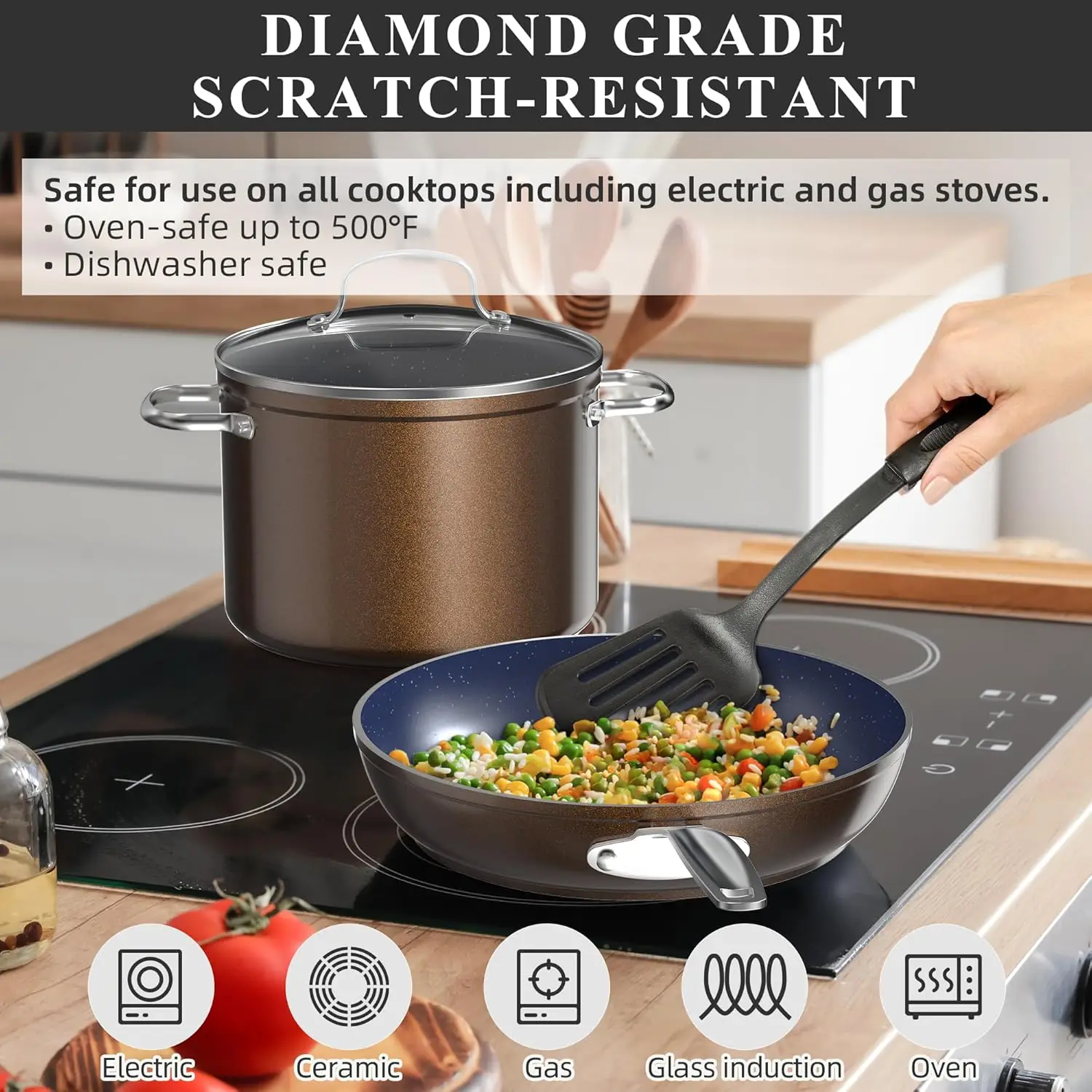 Nuwave Healthy Duralon Brown Ceramic Nonstick Cookware Set Diamond Infused Scratch-Resistant PFAS Free Dishwasher Oven Safe