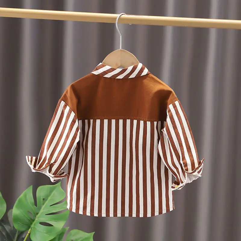 2023 Spring New Boys Clothing Long Sleeve Lapel Striped Cartoon Pattern Printed Children Korean Version Trend Fashion Top Shirt