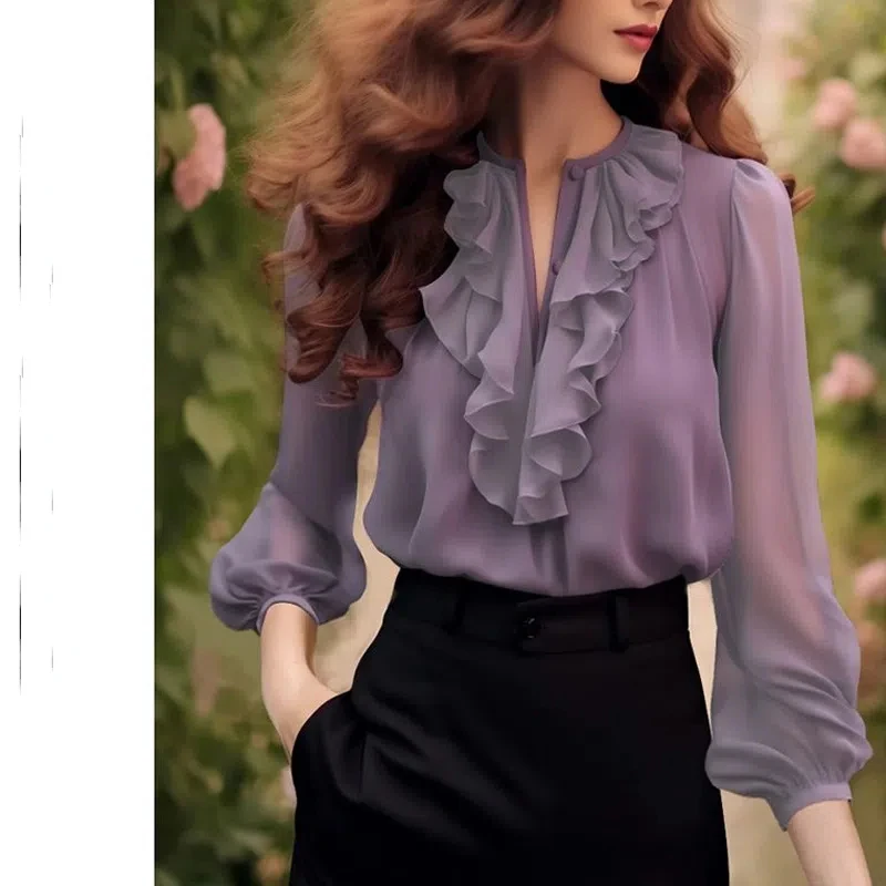 Spring Summer New Solid Color Ruffled Neck Lantern Sleeve Blouse Women Fashion Ruffles Patchwork Pullovers Elegant All-match Top