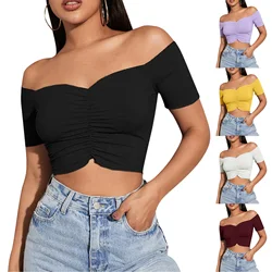 Off Shoulder Pleated Shirt Y2K Women Crop Tops Casual Black Femme Navel T-shirt V Neck Short Slim Tee Elegant Shirt Streetwear