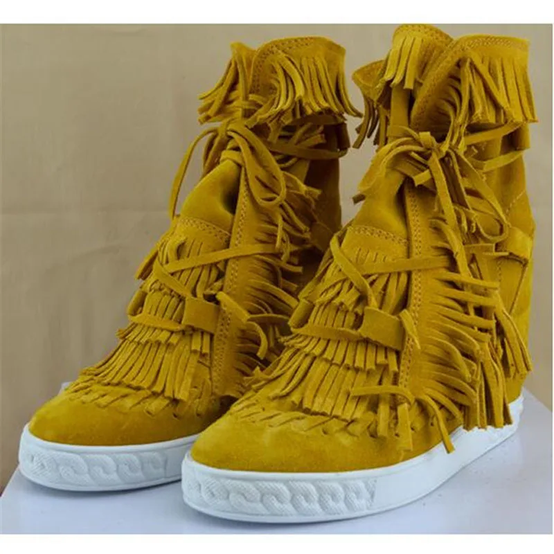 Roman Women Cow Suede High Top Tassel Lace-Up Ankle Boots Ladies Hidden Height Increased Fringed Tongue Inner Wedge Sneakers