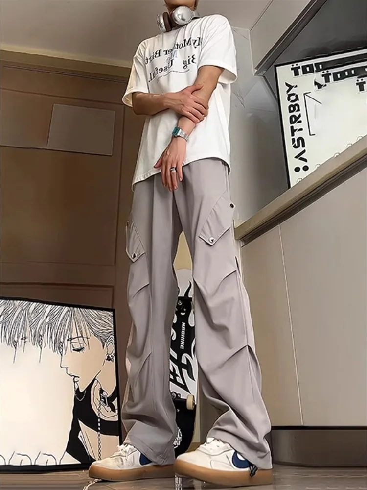 

Мужские летние тонкие брюки-карго из ледяного шелка с быстрой сушкой, прямые, широкие, в стиле американских десантных брюк, рабочие брюки