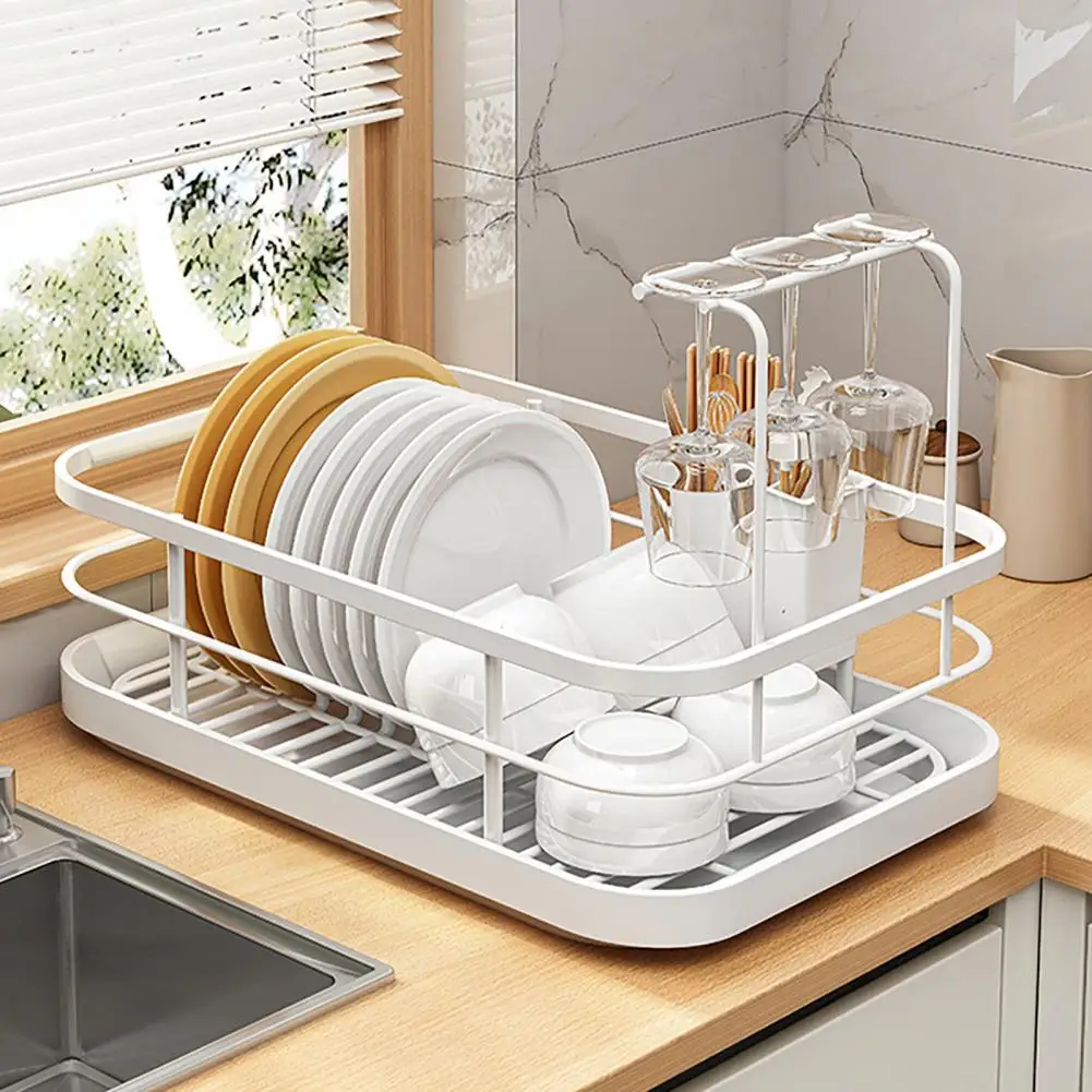 Compact Dish Drying Rack Family-sized Dish Rack Adjustable Ventilated Dish Plate Storage Rack with Cutlery Holder for Kitchen