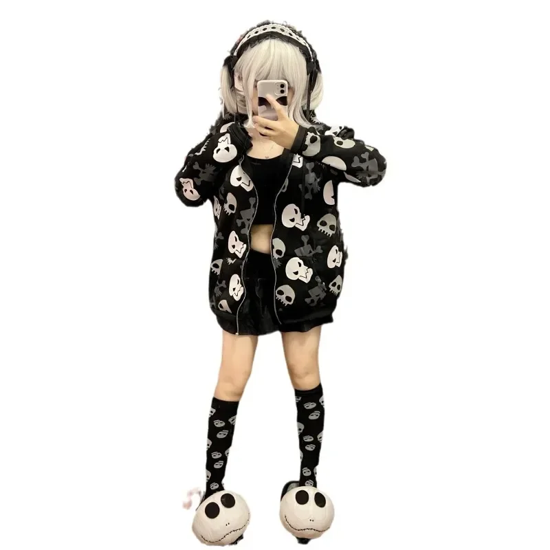 Autumn Winter Harajuku Grunge Vintage Zip Up Hoodies Women Gothic Skull Print Japanese Fashion Sweatshirt Streetwear Y2k Clothes