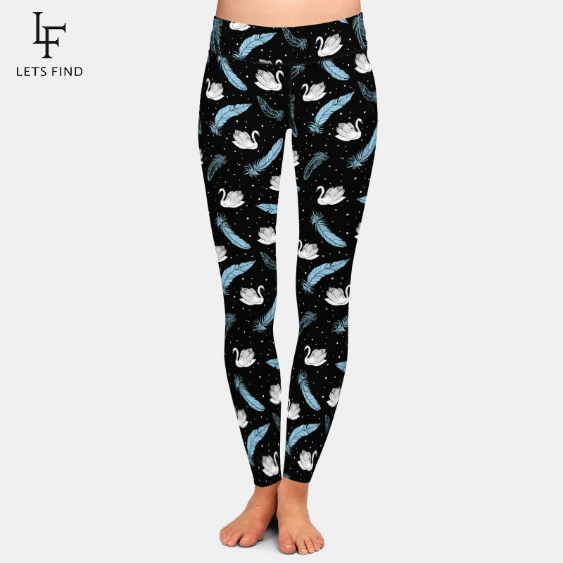 

LETSFIND 3D Swans and Feathers Digital Printing Women Leggings High Waist Fitness Black Legggings