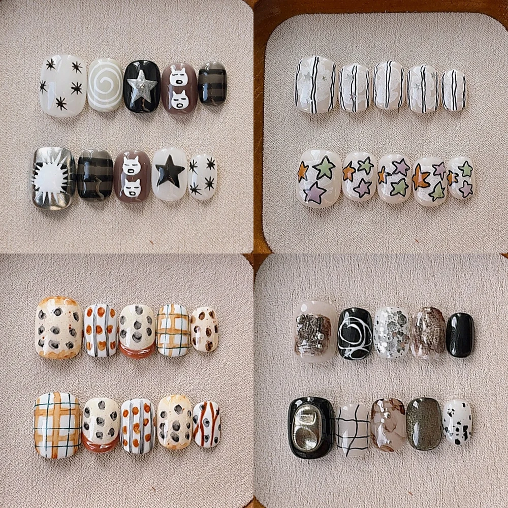 

10Pcs Kawai Short Square Round Handmade Removable Press On Nails Hand Painted Stars Sequins Dot Cat Eyes Stripes Grid Fake Nails