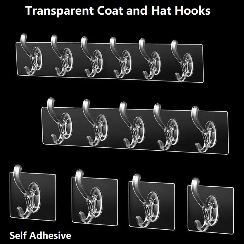 Traceless Adhesive Hooks - Transparent Self Adhesive Hooks Hold 5kg Heavy Duty Sticky Hooks for Hanging Clothes Robes Kitchen