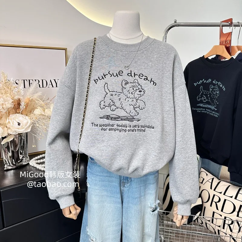 2025 شتاء جديد الكورية نمط سترة موضة الكرتون الكلب التطريز فضفاض سميكة بلوزة من الصوف السيدات البنطال القصير هوديس