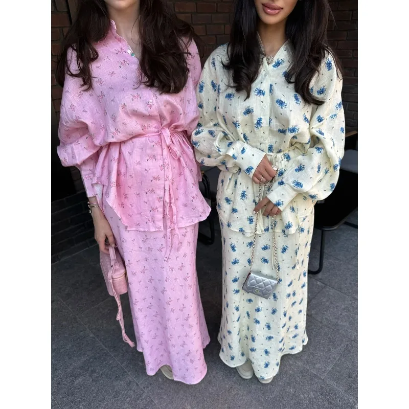 Women Two Piece Sets Skirt Set Floral Print Lantern Sleeve Turn Down Collar Shirt Long Skirts A Line Lace Up Y2k Elegant Work