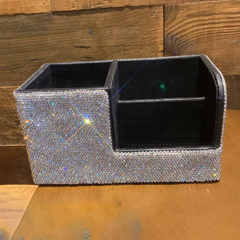 

Bling Rhinestone Makeup Storage Box Multifunctional Desktop Remote Control Lipstick Organizer Office Stationery Pen Holder