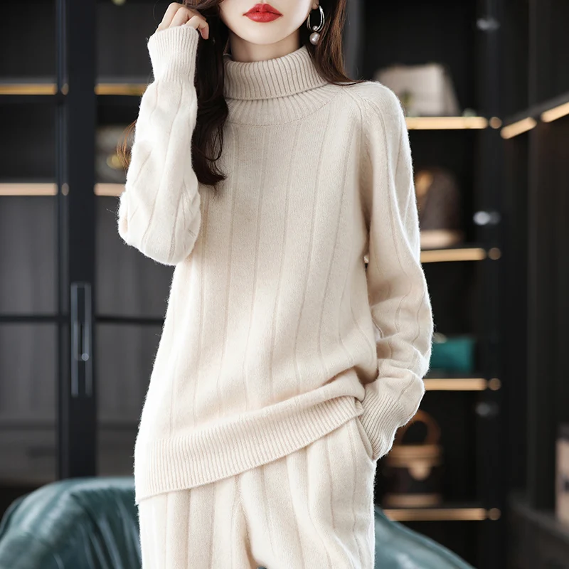 Suit 2024 Hot Sale Ladies Long Sleeve Turtleneck Cashmere Sweater Casual Knit Loose Wide Leg Pants Women 100% Pure Wool Suit