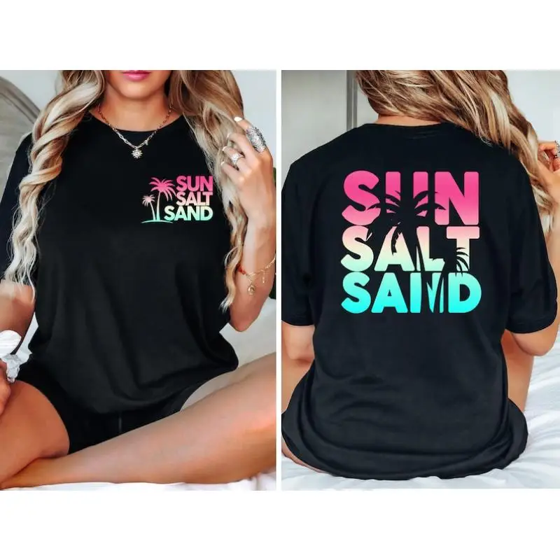 

Retro Comfort Colors Pattern Tops for Womens Sun Sand Salt Beach Graphic Tees Trendy Beach Shirts Short Sleeve Casual T Shirts