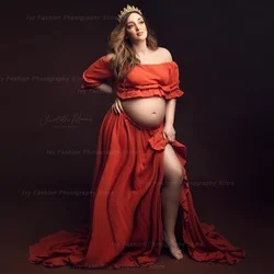 Maternity Photography Dress Boho Side Split Ruffle Edge Vintage Comfortable Linen Pregnancy Photo Shooting Pregnant Women Shower