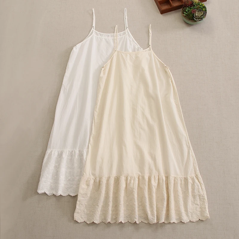 

Japanese Sweet Mori Girl Solid Color Embroidery Hem Cotton Slip Dress Women Spring Summer Casual Loose Mermaid Midi Dresses