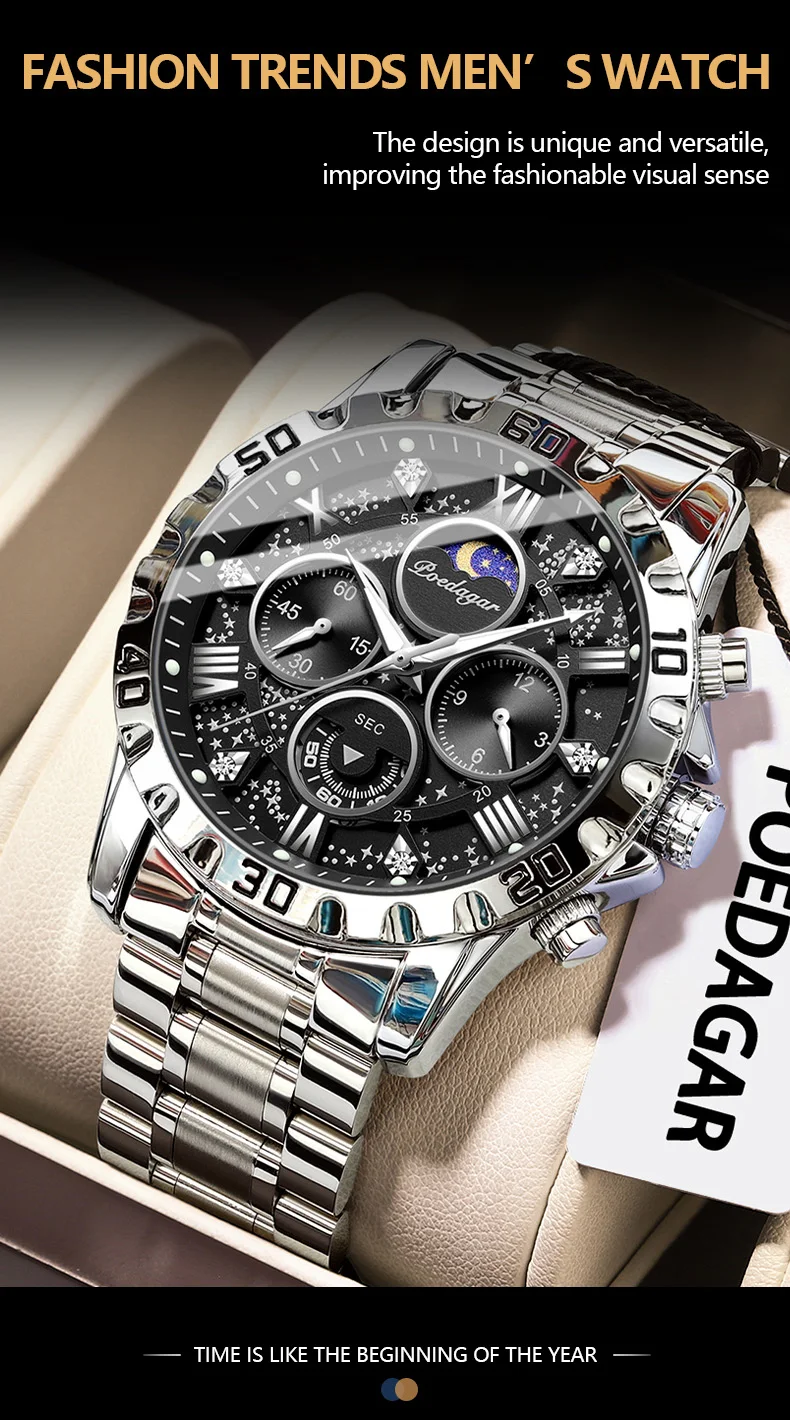 POEDAGAR Luxus Mann Uhr Wasserdicht Leucht Edelstahl Quarz herren Armbanduhr Chronograph Militär Uhren Für Männer Reloj – Detail 14