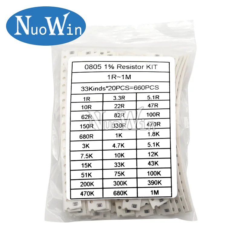 660pcs/Lot 0603 0805 1206 0402 0201 1% SMD Chip Resistor Assorted Kit 1R - 1M ohm 33valuesX20pcs Resistance Sample Set