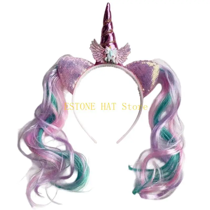 49MF Glittering Sequined Horned Horn Hairband With Lovely Ear for Girls Birthday Party Gifting And Dressingup Props Headwear