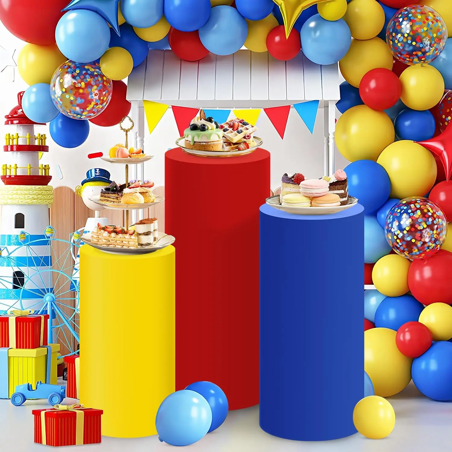 Fundas para Pedestales Cilíndricos de Colores Sólidos Yeele para Decoración de Fiestas, Bodas, Cumpleaños, Eventos, Columnas para Pasteles, Fondo Rojo, Azul, Amarillo