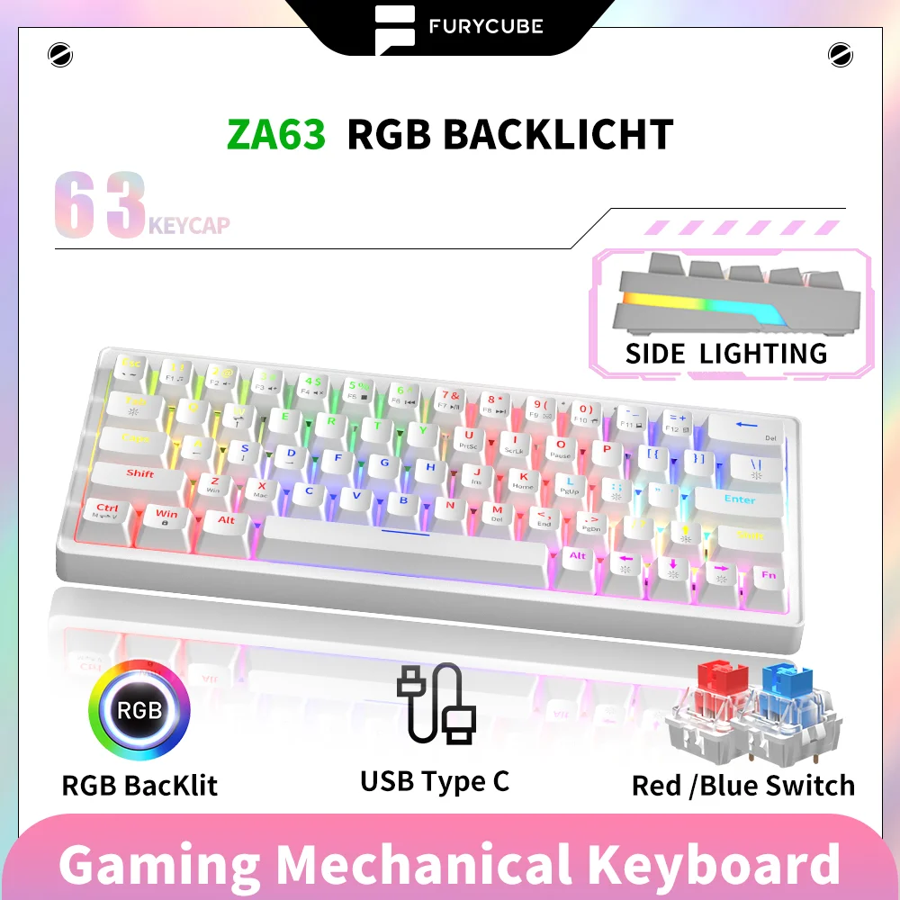 

FURYCUBE ZA63 60% 63 Keys Mini Gaming Mechanical Keyboard Hot Swappable Red Blue Switch TYPE-C Wired RGB Backlit for Computer