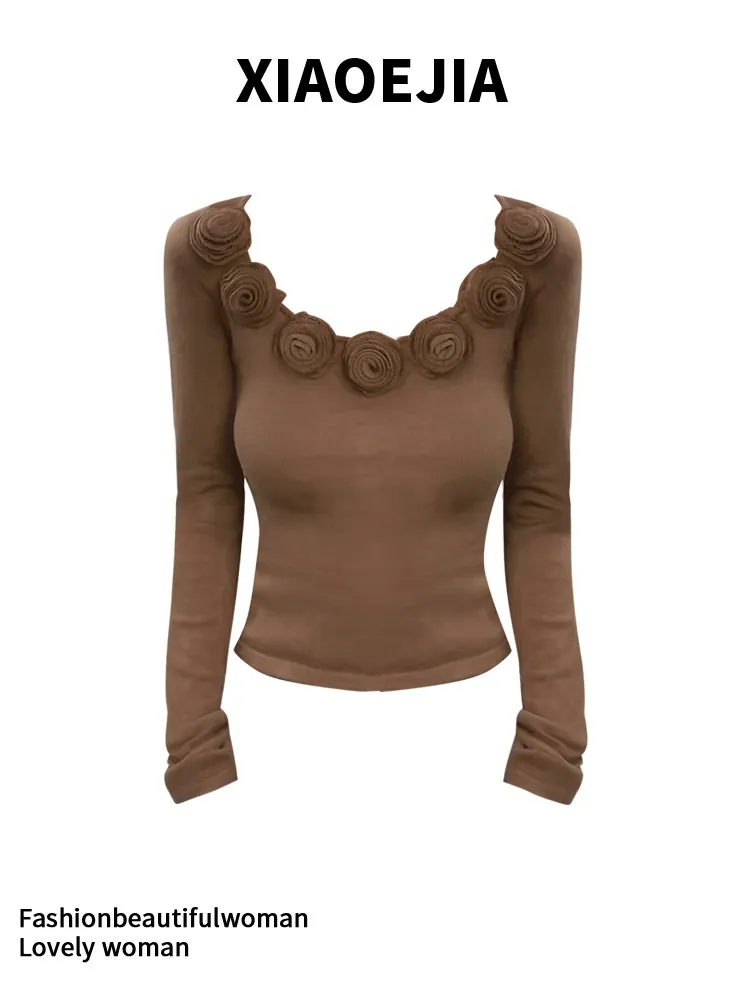 Women's Brown Slash Neck T-shirt Harajuku Korean Y2k Tee Top 2000s Clothes Aesthetic Fashion Long Sleeve Vintage T-shirts Autumn