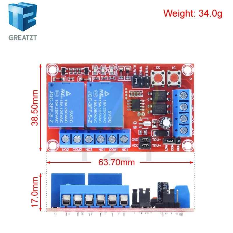GREATZT 2 keys Self-locking Interlock One Of Three Options Relay Module High-low Trigger 5V12V24V With Switch Light