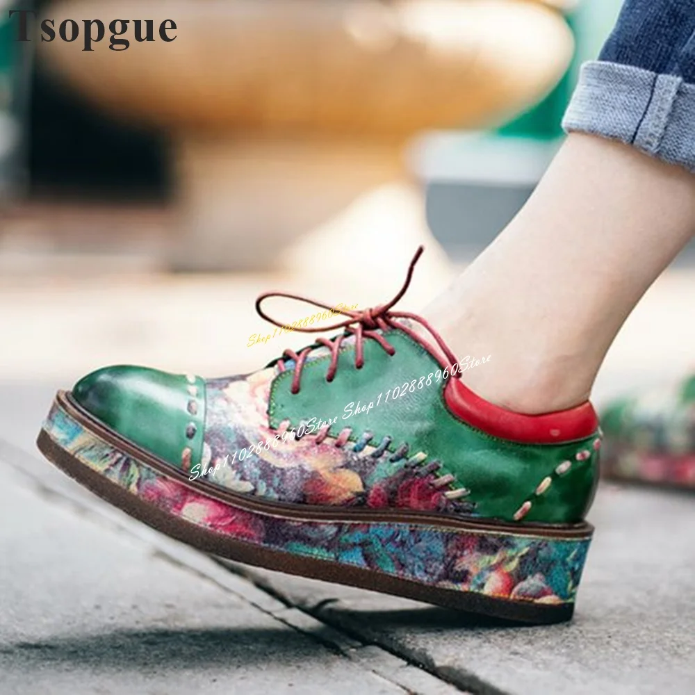 Mixed Color Cross Tied Thick Soled Print Pumps Flat With Luxury Women Shoes Slip On Round Toe 2024 Fashion Zapatos Para Mujere