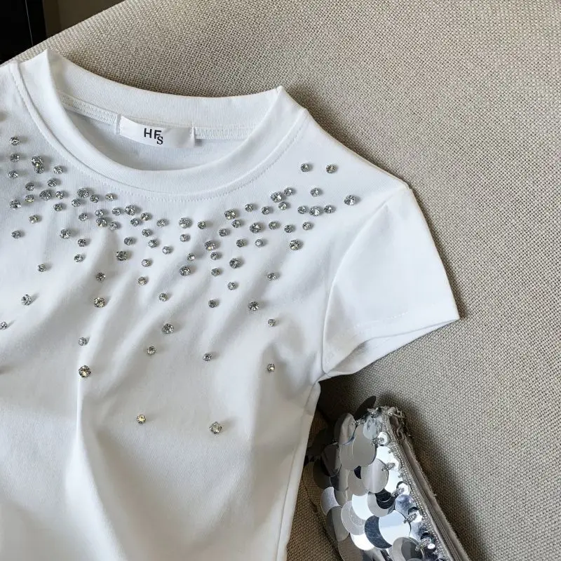 Korean Graphic T Shirts Top Nail Bead Shoulder Short Sleeved T-shirts White Crop Top Harajuku Ropa Mujer Футболки
