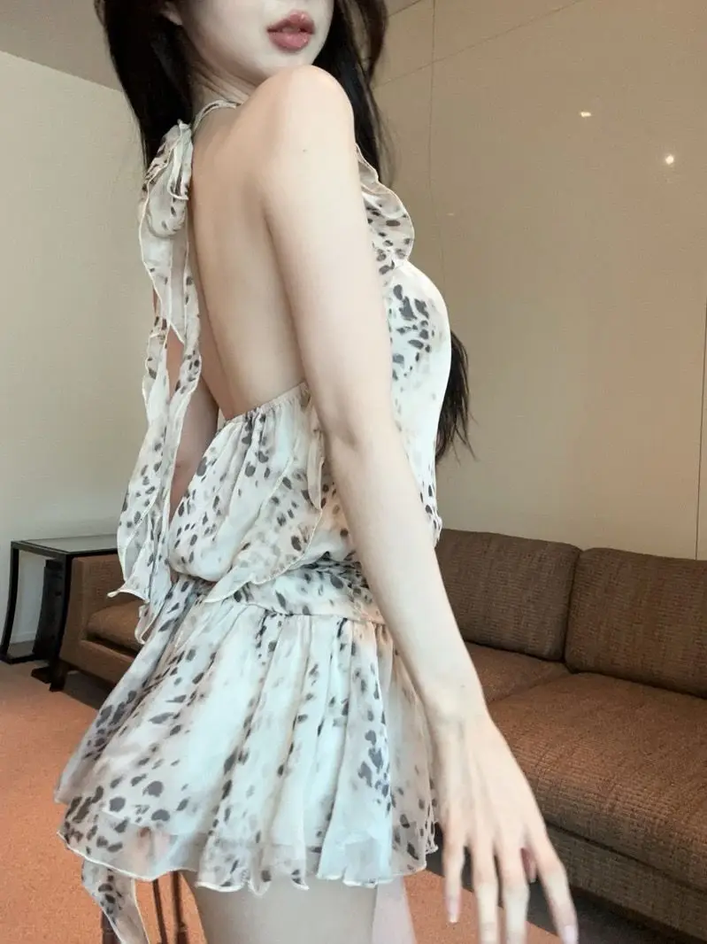 

Ruffle Chiffon Leopard Camis Blouse Women Summer Spicy Girls Halter Waisted Slim Tops Sexy Backless Sleeveless Shirts