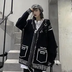 2023 Spring and Autumn Cardigan Korean Loose Graffiti V-neck Long Sleeved Japanese Retro Lazy Hong Kong Style All-match Sweaters