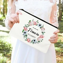 Temoin Flower French Stampato Astuccio per cosmetici da damigella d'onore Borsa per trucco da donna Articoli da toeletta da viaggio Organizzatore Regali di nozze per testimone