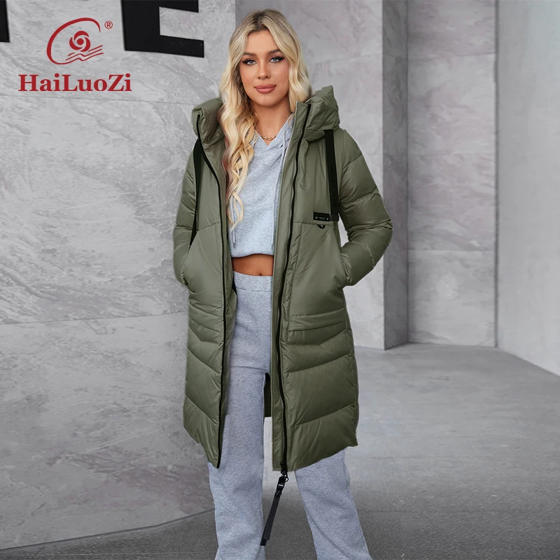 HaiLuoZi 2024 new women's winter down jacket slash pockets with belt lightweight warm parka hooded quilted women's jacket 86